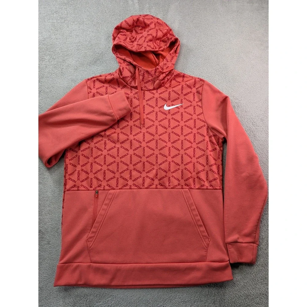 Nike Therma-FIT Mens Medium Salmon All Over Print Logo Pullover Hoodie